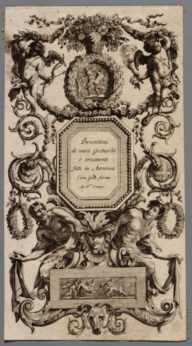 Ornamentprent. Livre de diverses grotesques, peintes dans le Cabinet de la Reine Régente, au Palais Royal / Inventioni di varii Groteschi e ornamenti (Vlaamse kopie).